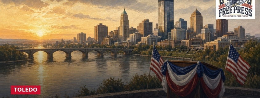 Fostoria News Toledo skyline at sunset with American flags and patriotic decorations.